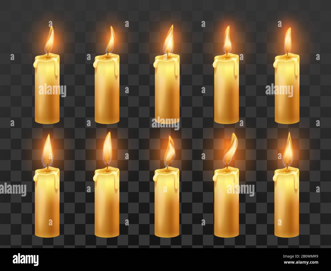 Kerzenfeuer-Animation. Brennende orangefarbene Wachskerzen, Kerzenlicht-Flamme und animierte Feuerflammen isolierten realistisches Vektorsymbol Stock Vektor