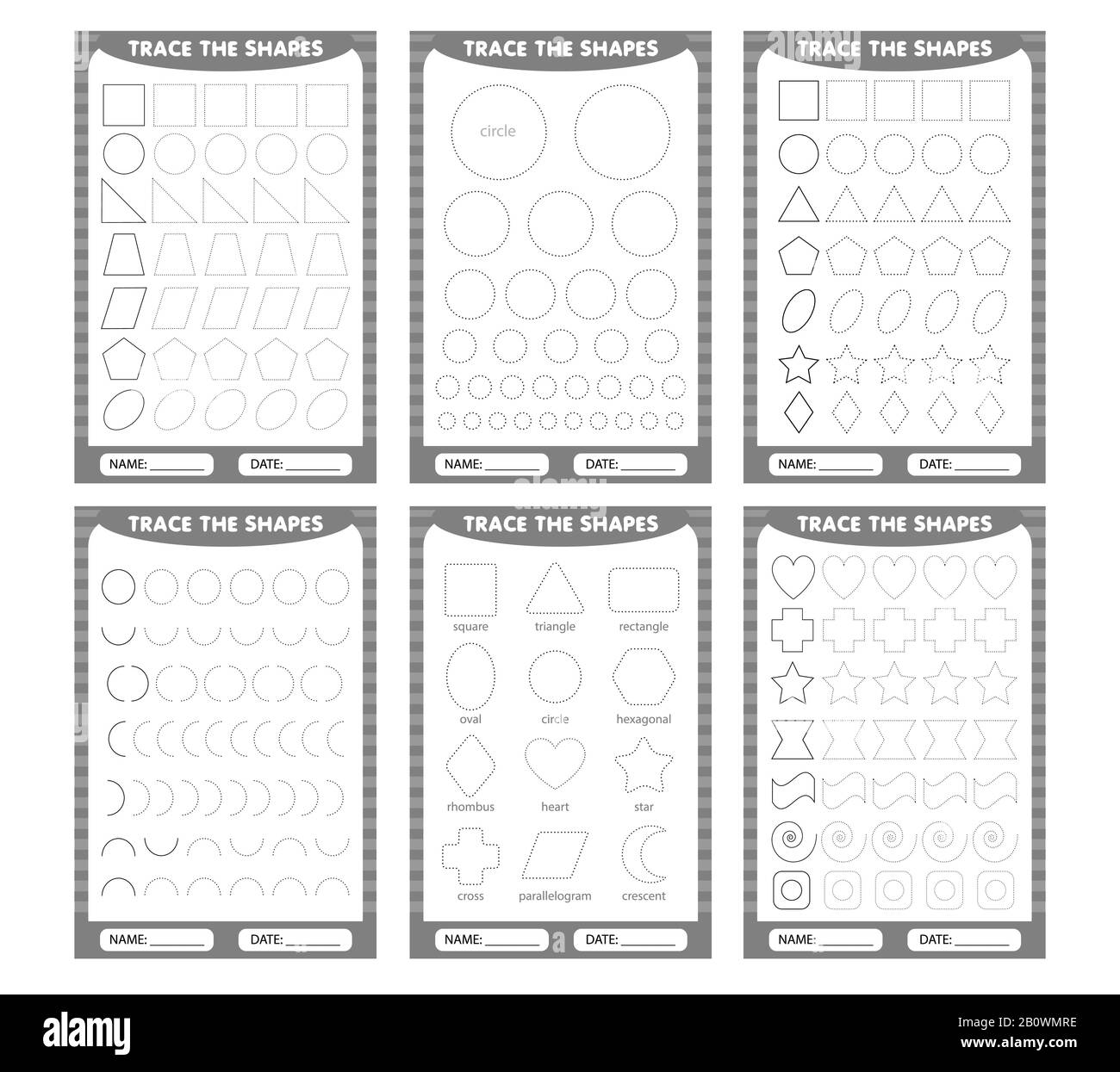 Einfache Unterrichtsfiguren. Satz von Hüllkurve der geometrischen Formen um die Kontur. Lernen für Kinder, Zeichnen von Aufgaben. Stock Vektor