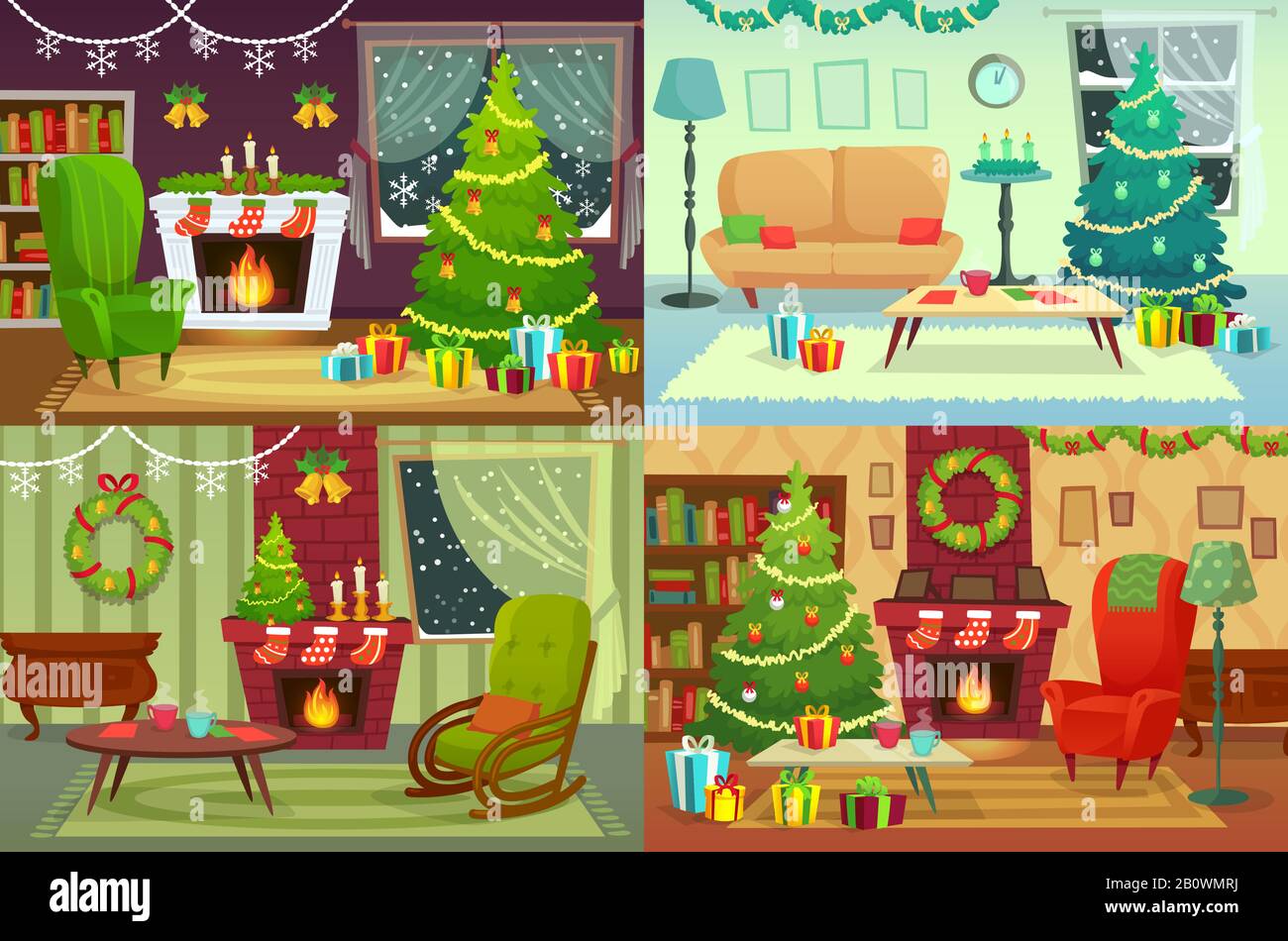 Innenraum des Weihnachtszimmers. Weihnachtsdekoration, Weihnachtsgeschenke unter traditionellen Bäumen und Winterferienhaus Innenvektorillustration Stock Vektor
