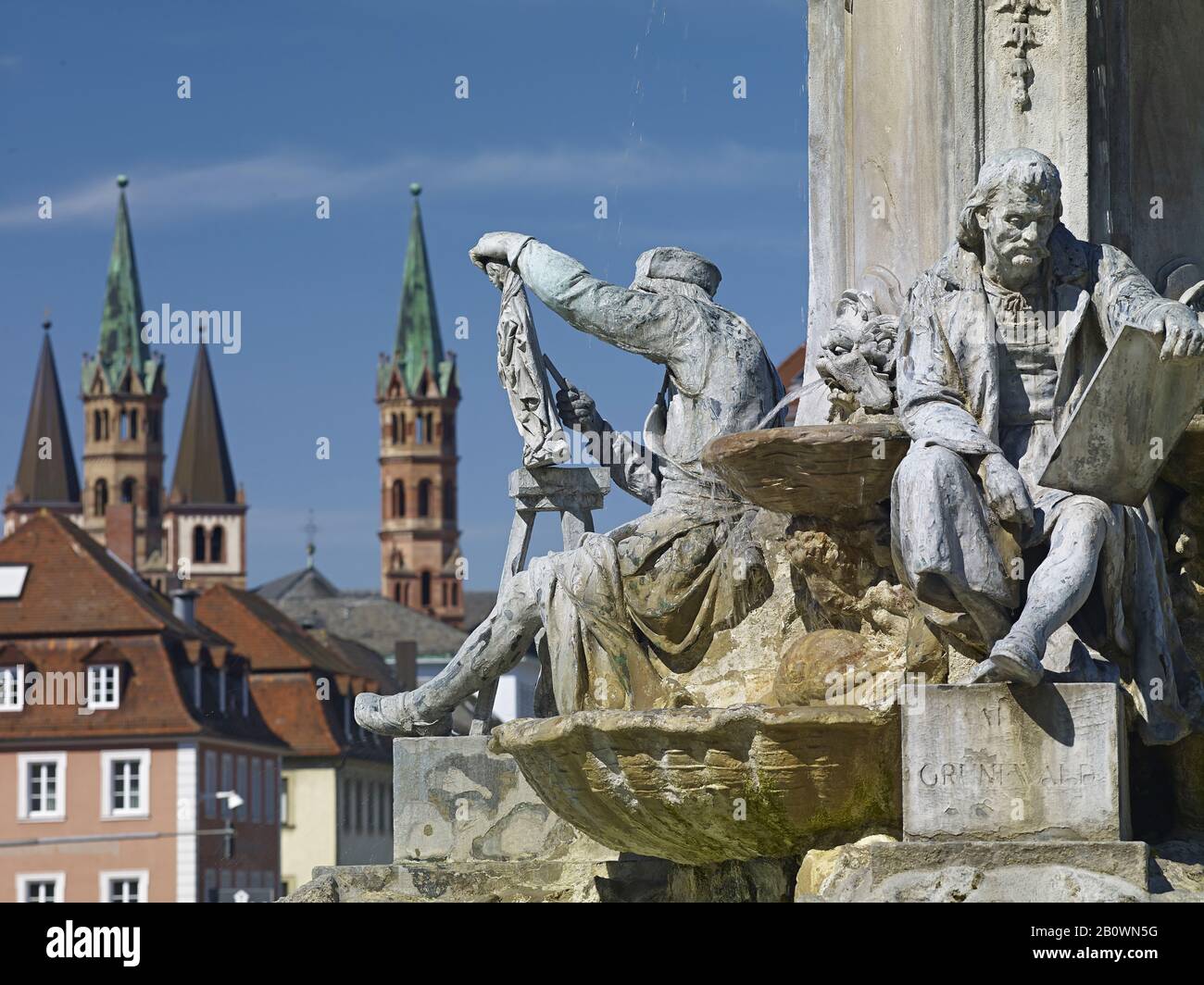Frankonia Brunnen mit Domtürmen, Würzburg, Unterfranken, Bayern, Deutschland, Europa Stockfoto
