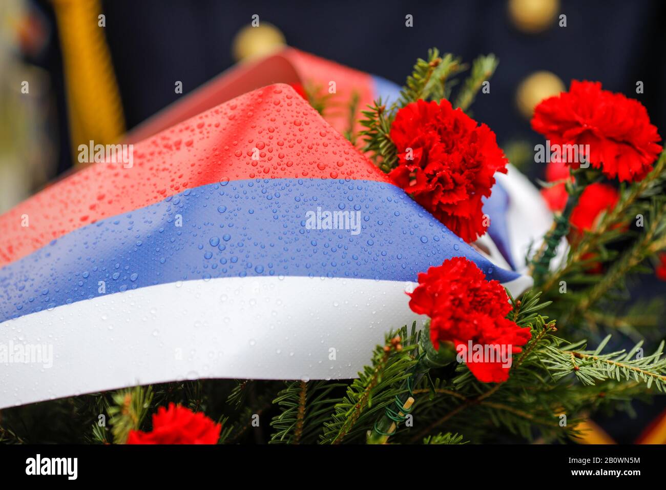 Flache Schärfentiefe (selektiver Fokus) Bild mit der russischen Flagge gefärbte Blumen auf einem Trauerkranz mit der russischen Fahne darauf während einer Regenda Stockfoto