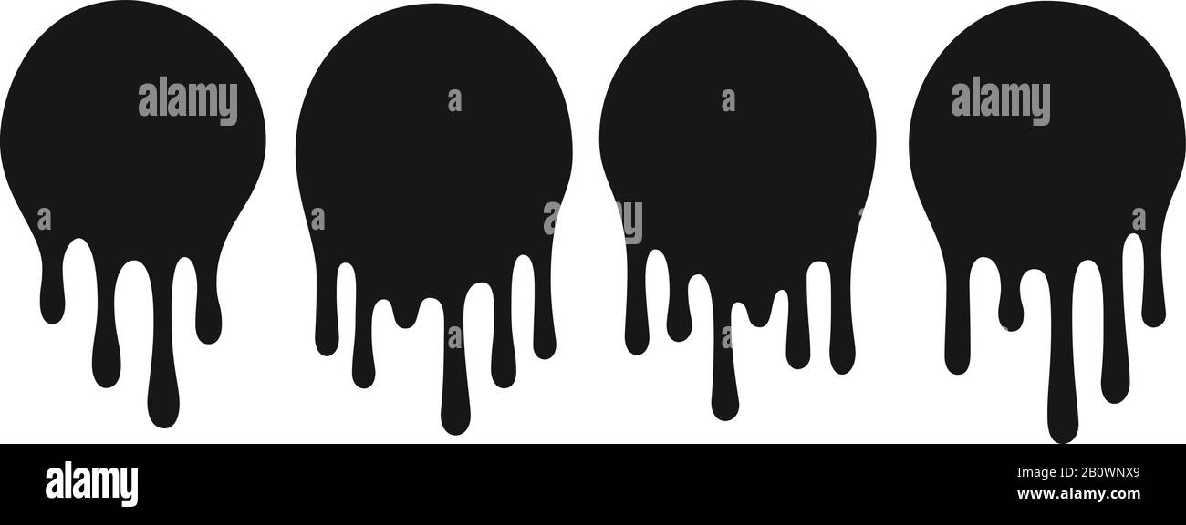 Tropfender Öl-Blob. Tropfenfarbe oder Soßenfleck tropft. Schwarze Tropfen saugen runde Punkte Vektor-Set Stock Vektor
