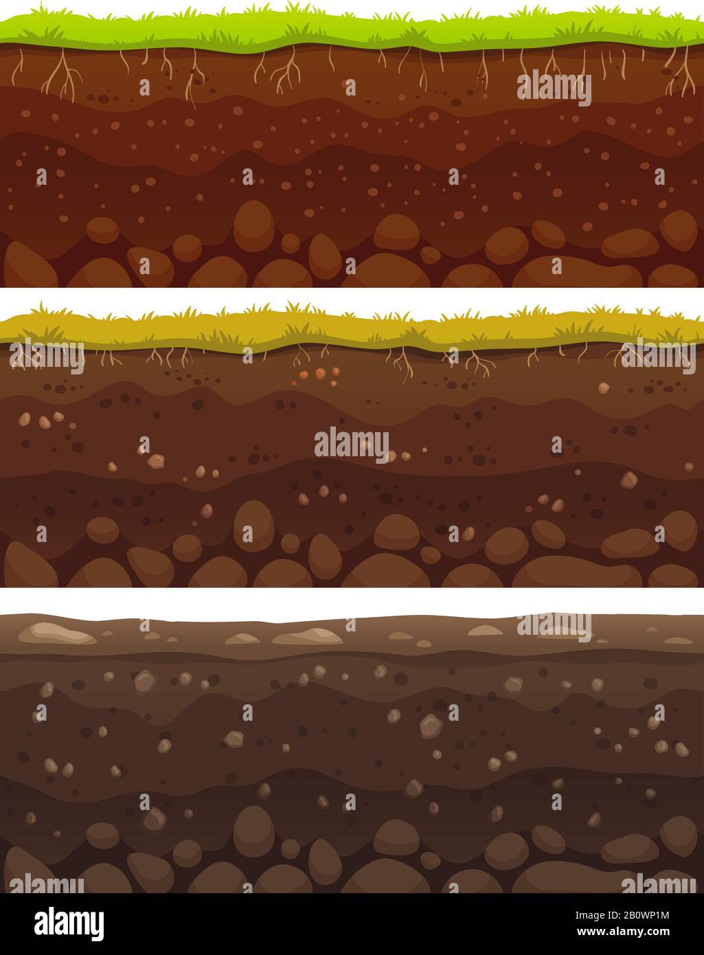 Nahtlose Bodenschichten. Geschichtete Schmutztonschicht, Bodenschicht mit Steinen und Gras auf schmutzigen Klippentexturen Vektormuster Stock Vektor