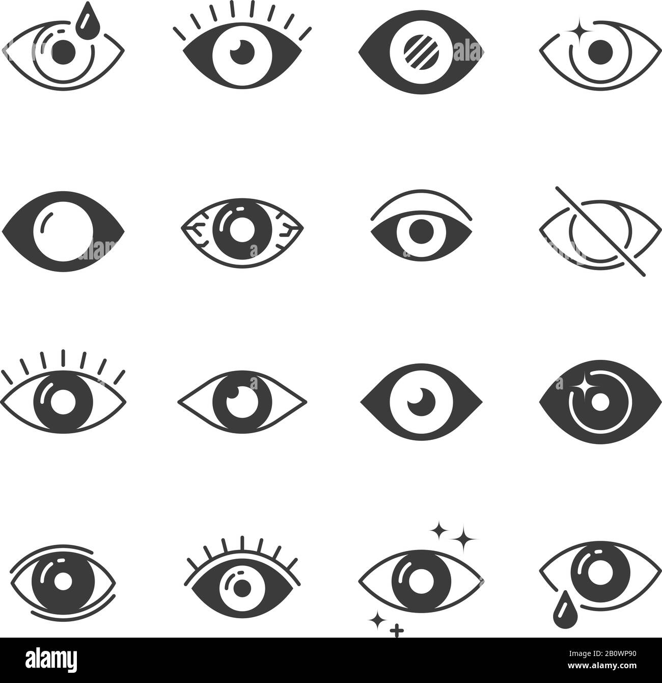 Augensymbole. Menschliche Augen, Visionen und Sichtzeichen. Vektor-Symbole sichtbar, schlafen und beobachten Stock Vektor