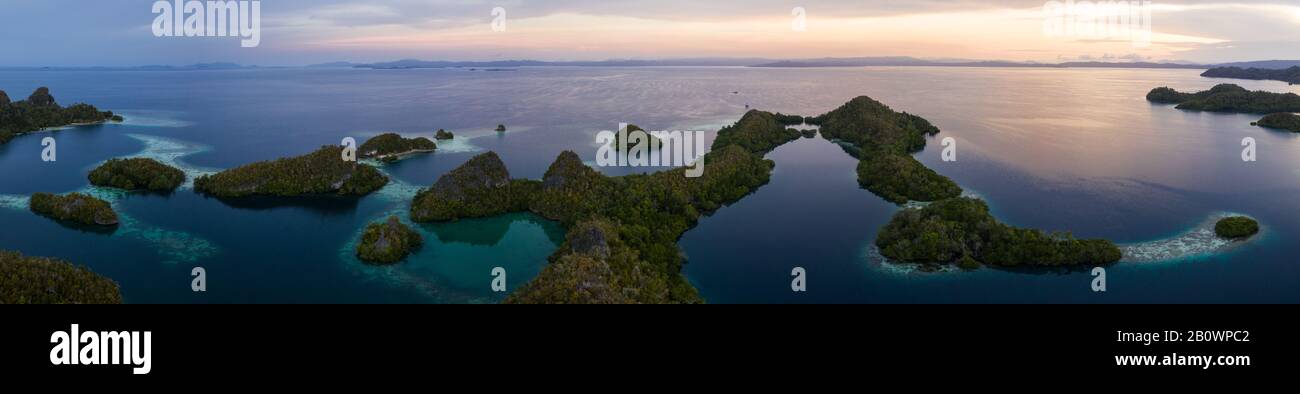 Kalksteininseln sind von gesunden Korallenriffen in Raja Ampat, Indonesien, umgeben. Diese Region gilt als Epizentrum der biologischen Vielfalt der Meere. Stockfoto