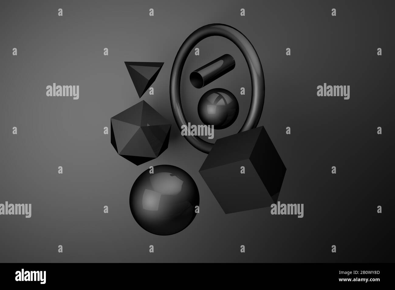 3D-Rendering abstrakter geometrischer Formen auf schwarzem Hintergrund. Minimalistisches Konzept. Kugeltoruswürfel, Rohr, platonisch, Pyramide, icosa Stockfoto