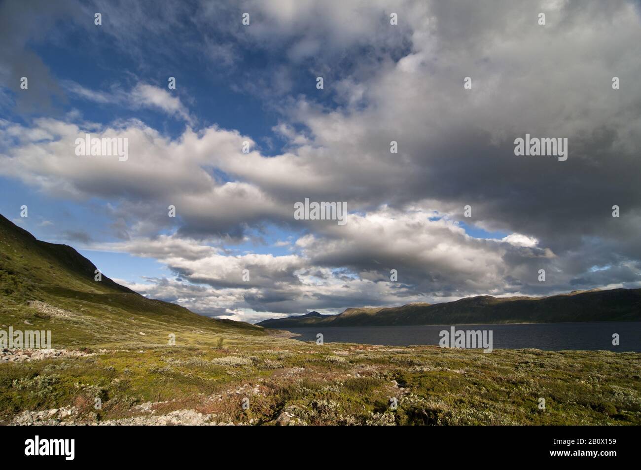 Bygdinsee bei schönem Wetter und Abendsonne, Jotunheimen National Park, Norwegen, Stockfoto