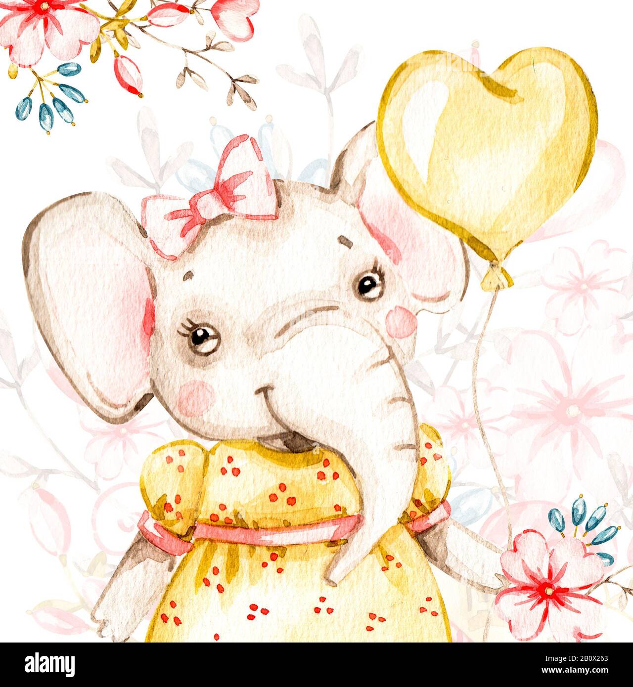 Nettes Baby Mädchen Elefant mit gelben Ballon handbemalt Aquarell Illustration. Handbemaltes Aquarell für Kinderzimmer. Stockfoto