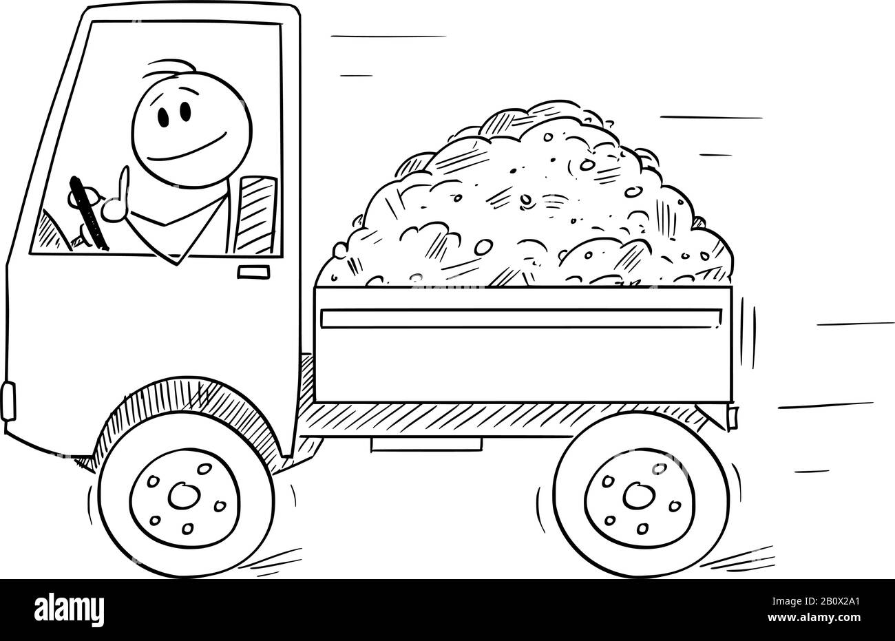 Vector Cartoon Stick Figure Zeichnung konzeptionelle Illustration des lächelnden Mannes oder des Fahrers, der einen kleinen LKW fährt, der den Daumen nach oben zeigt. Transport- oder Logistikgeschäft. Stock Vektor
