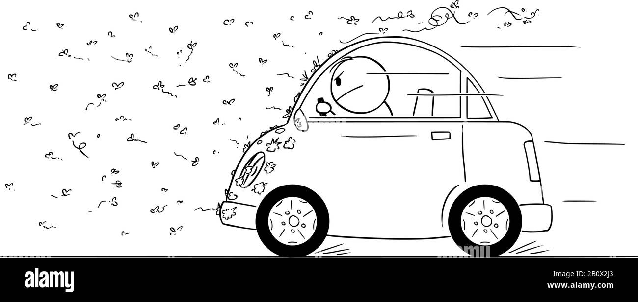 Vector Cartoon Stick Figur Zeichnung konzeptionelle Illustration des Menschen Auto durch Schwarm von Wanzen, Fliegen, Mücke oder Insekten fahren. Stock Vektor