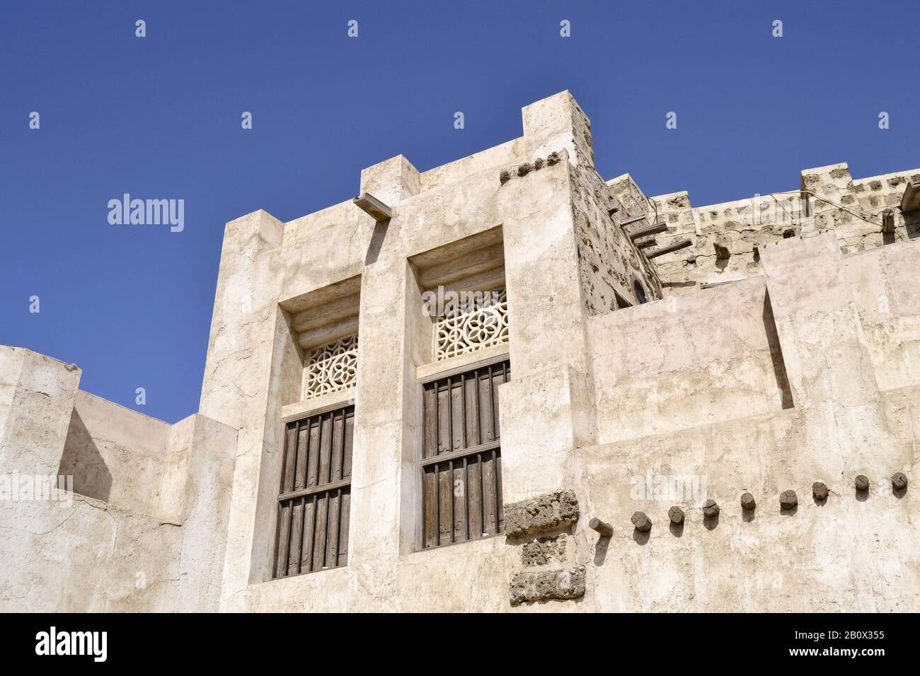 Restaurierte Häuser im Heritage Area, Al Mareija, Emirat von Schardscha, Vereinigte Arabische Emirate, Arabische Halbinsel, Naher Osten, Stockfoto