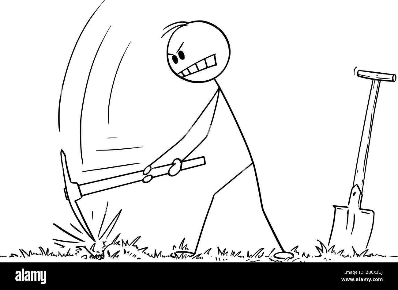 Vektor-Zeichentrickstickfigur Zeichnung konzeptionelle Abbildung des Mannes, der mit Pickax oder Picke ein Loch in den Boden gräbt. Stock Vektor