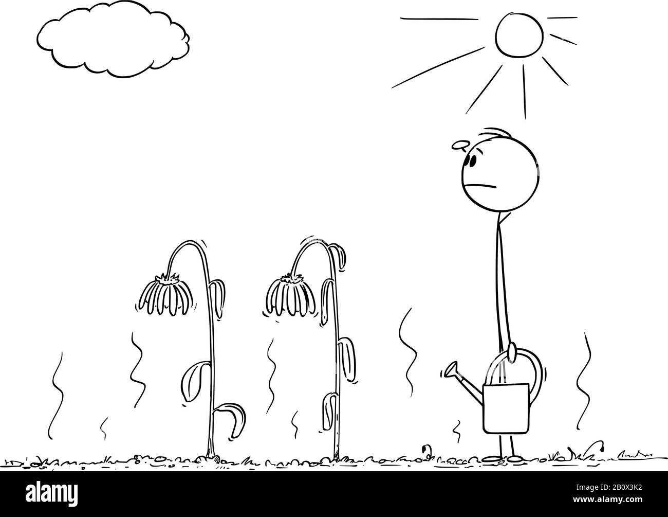 Vektor-Cartoon-Strichfigur mit konzeptioneller Illustration von Mann oder Gärtner mit Gießkanne auf Garten mit ausgetrockneten Pflanzen, die Himmel nach Regen betrachten. Stock Vektor