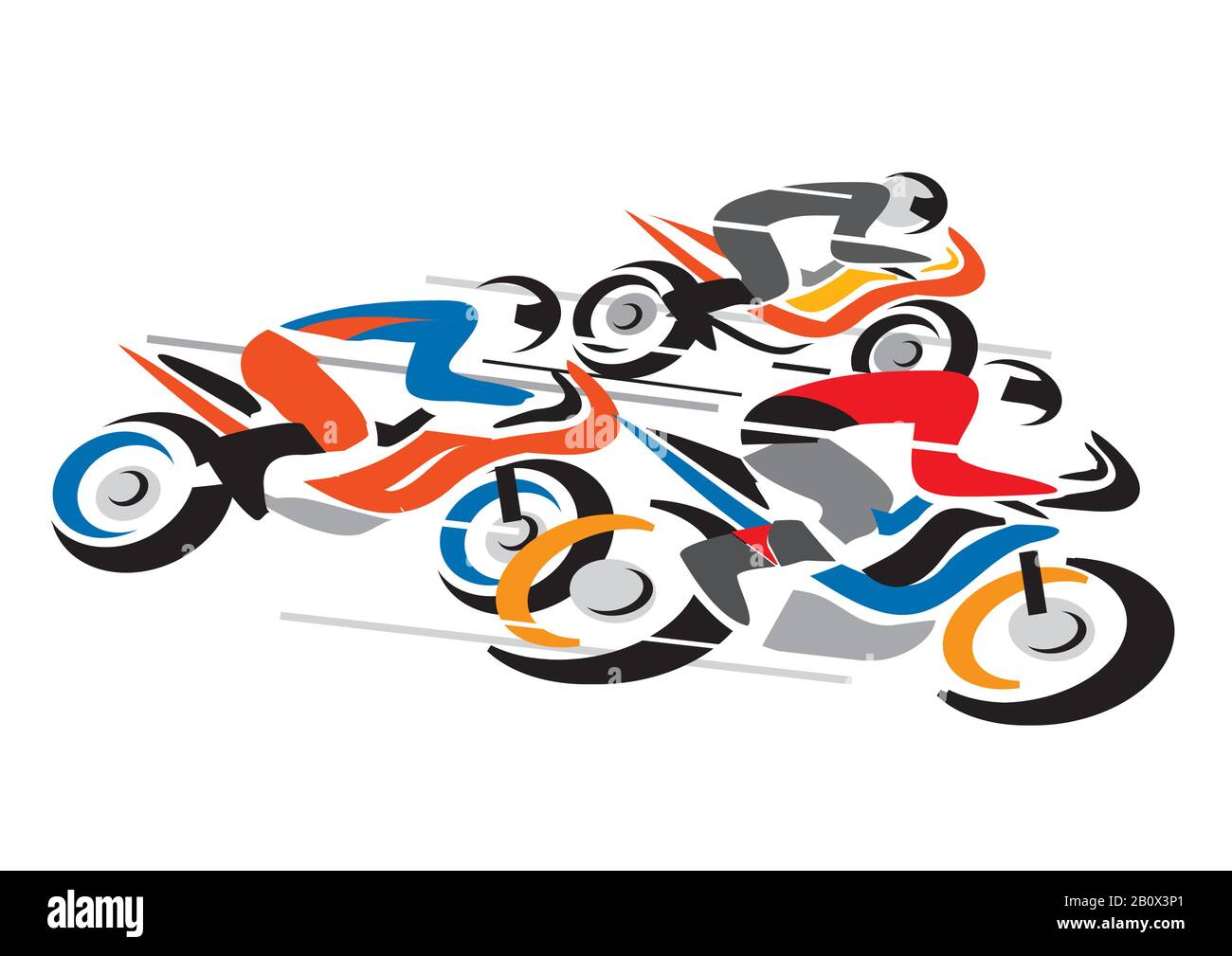 Motorradwettbewerb. Abbildung: Drei Motorbiker mit voller Drehzahl. Vektor verfügbar. Stock Vektor