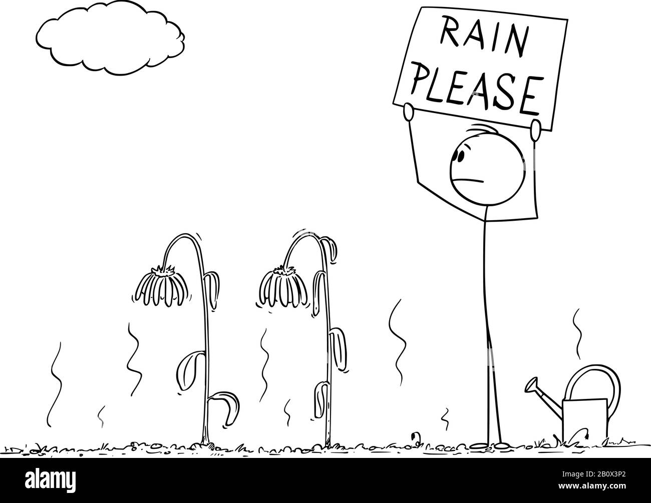 Vector Cartoon Stick Figure Zeichnung konzeptionelle Illustration von Mann oder Gärtner auf Garten mit ausgetrockneten Pflanzen Blick auf den Himmel und Regen bitte unterzeichnen. Stock Vektor