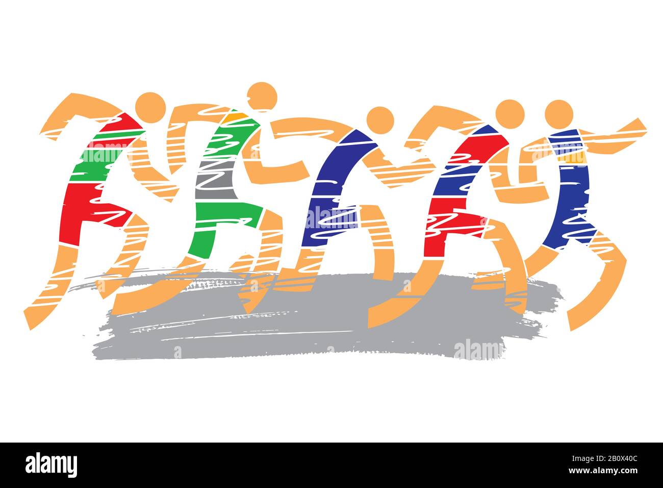 Laufwettbewerb, Marathon. Farbenfrohe, ausdrucksstarke, stilisierte Darstellung von Rennläufern. Vektor verfügbar. Stock Vektor