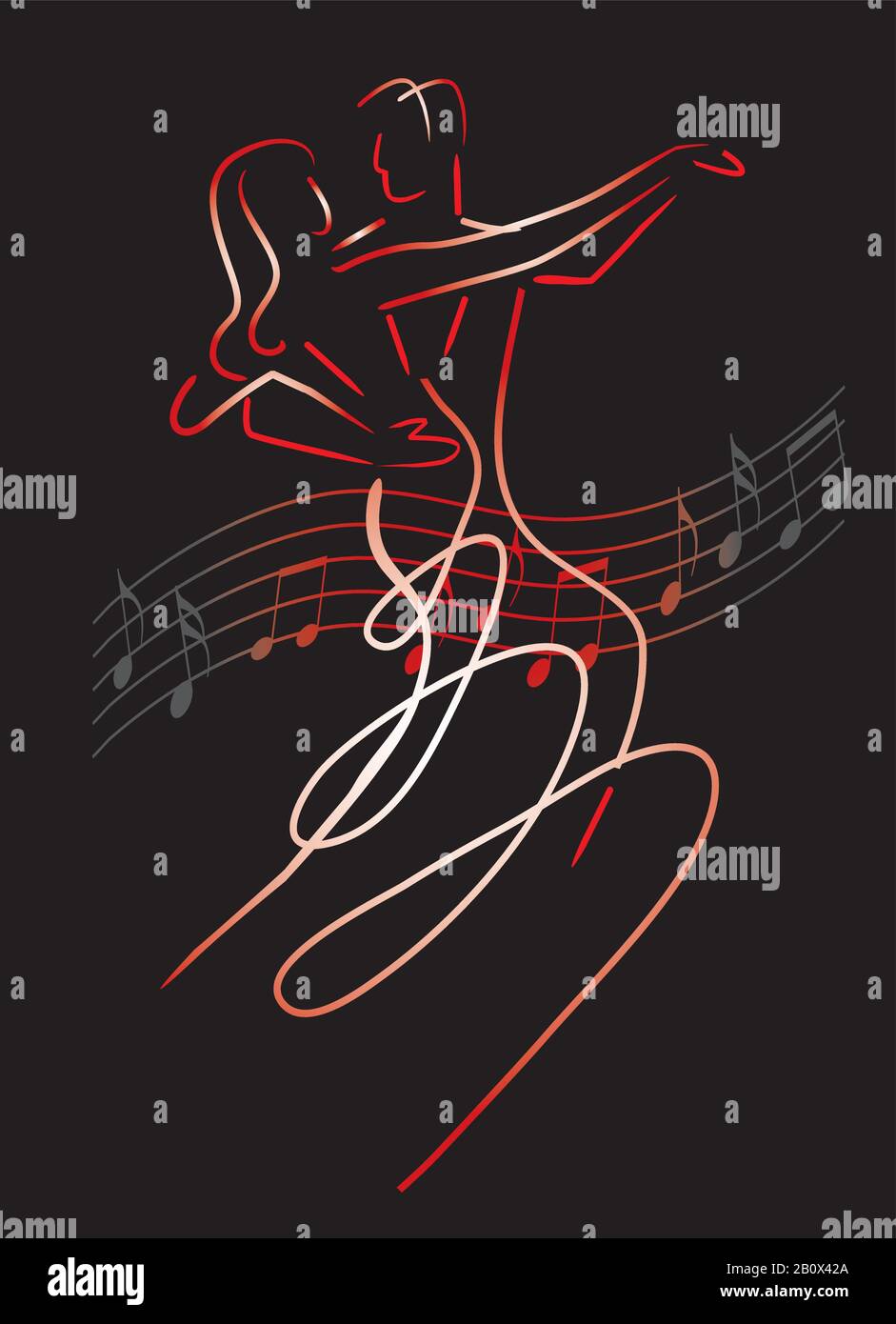 Balroom Tänzer Koppeln mit musikalischen Noten. Linienkunst stilisierte Illustration des Tanzes eines Paares auf schwarzem Hintergrund. Vektor verfügbar. Stock Vektor