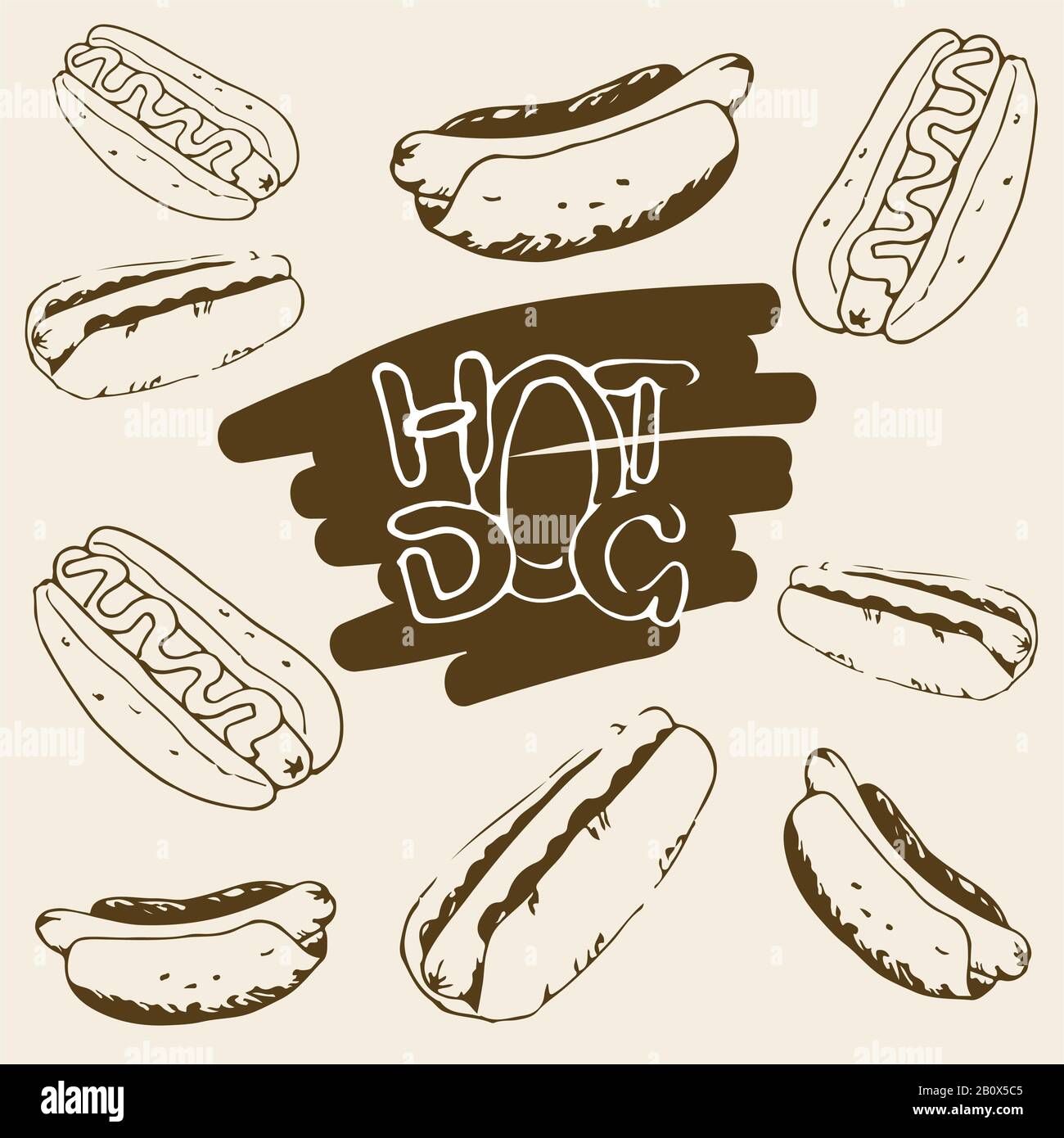Handgezeichnete Abbildungen von Hot Dog. Fast-Food-Designelemente, Skizzen von Hotdogs mit Sauce und Mayonnaise. Monochrome EPS8-Vektorgrafiken. Stock Vektor