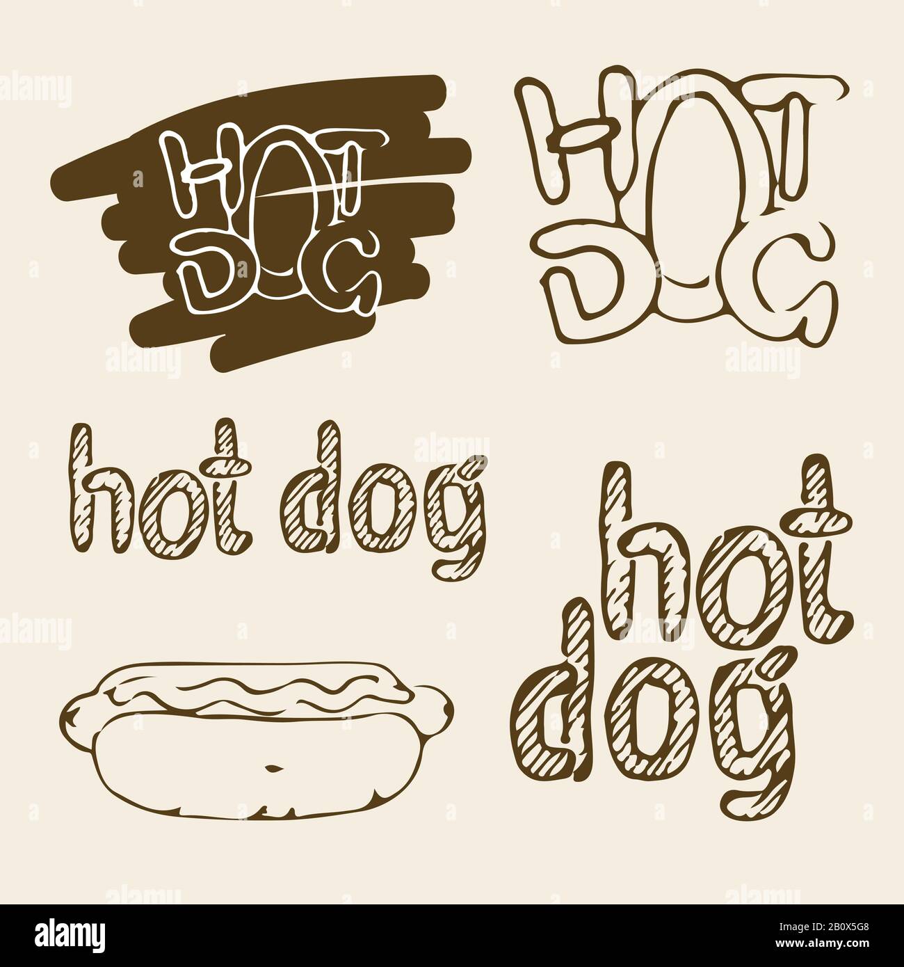 Handgezeichnete Abbildungen von Hot Dog. Fast-Food-Designelemente, handgeschriebene Hotdog-Etiketten und Skizze von heißem Hund mit Sauce. Monochromer EPS8-Vektor gra Stock Vektor