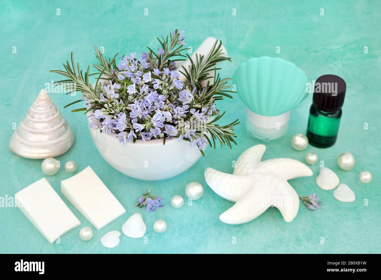 Rosmarin Kräuterhaut Pflege Beauty-Behandlung mit kosmetischen Produkten und dekorativen Seashells auf türkisfarbenem Hintergrund. Mit Anti-Aging-Vorteilen. Stockfoto