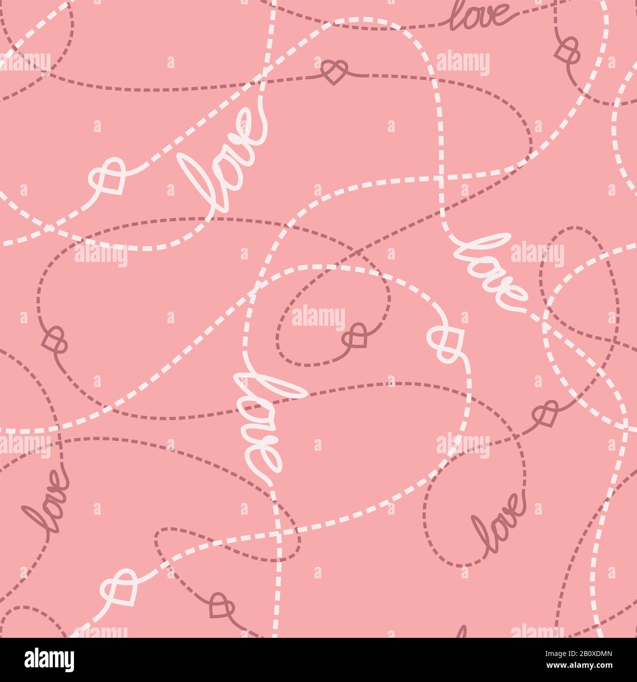 Verworrene Linien und Herzen nahtloses Muster. Wiederholter abstrakter Hintergrund mit Liebes-Schriftzug, Herzen und gestrichelten durchgezwirbten Linien. Romantischer Konzepttex Stock Vektor
