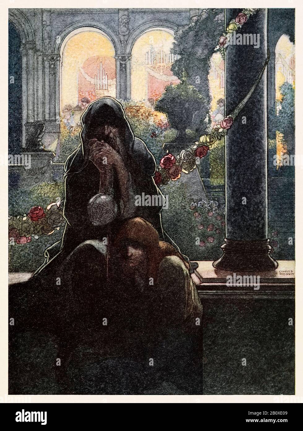 "Die reichen, die in ihren schönen Häusern fröhlich waren, während die Bettler am Tor saßen" vom Happy Prince und Anderen Tales von Oscar Wilde (1854-1900), illustriert von Charles Robinson (1870-1937). Weitere Informationen finden Sie weiter unten. Stockfoto
