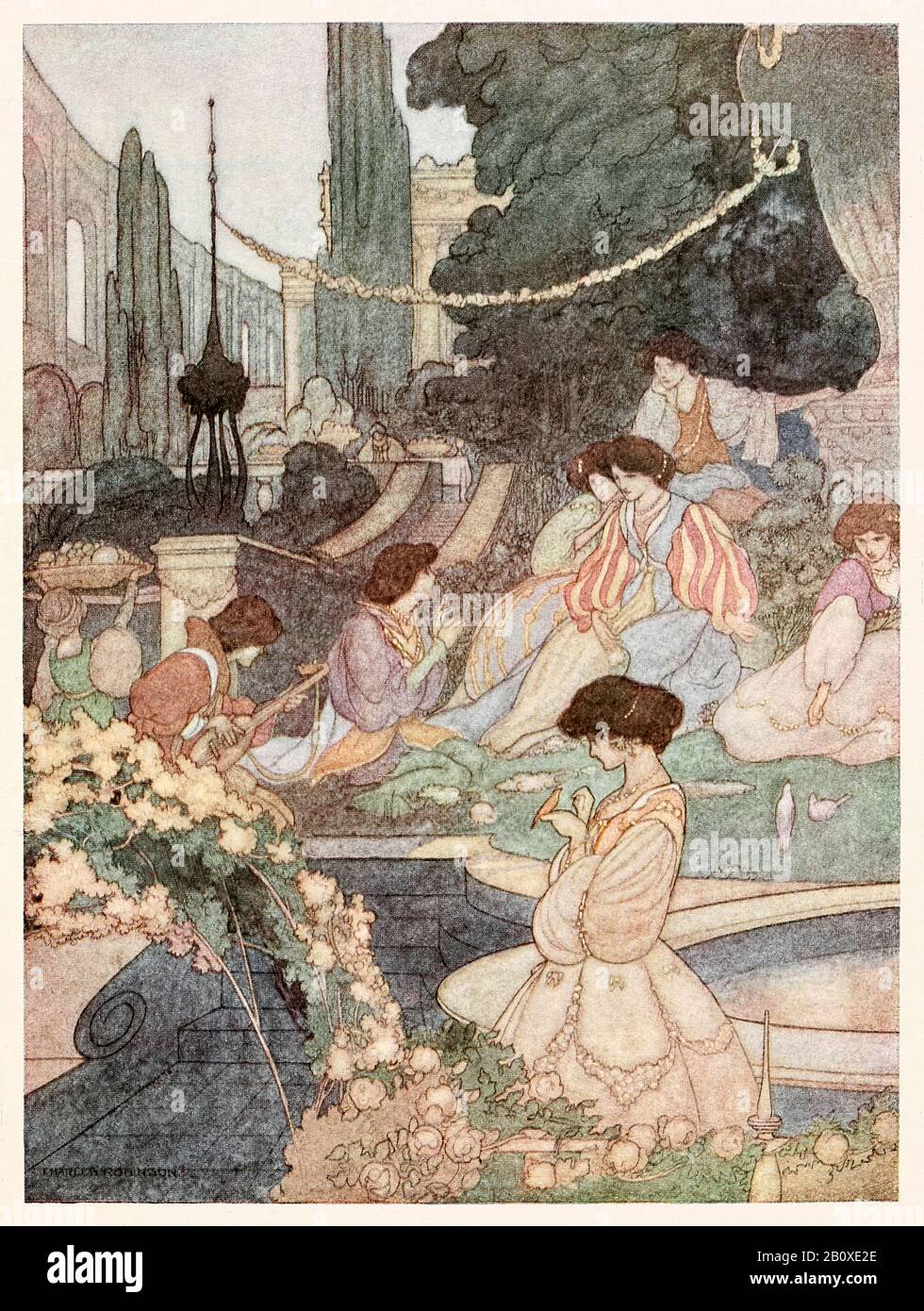 "Der Palast von Sans-Souci" aus Dem Glücksfürsten und Anderen Märchen von Oscar Wilde (1854-1900), illustriert von Charles Robinson (1870-1937). Weitere Informationen finden Sie weiter unten. Stockfoto
