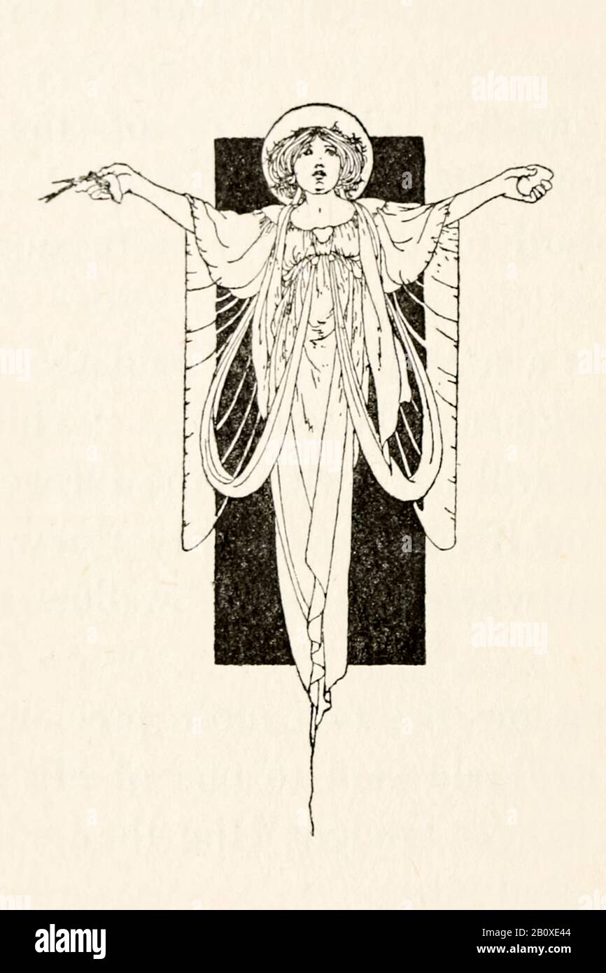 Abbildung am Kapitelende mit einem Engel, der ein bleibendes Herz und einen toten Vogel vom Glücklichen Prinz und Anderen Märchen von Oscar Wilde (1854-1900) hält, dargestellt von Charles Robinson (1870-1937). Weitere Informationen finden Sie weiter unten. Stockfoto