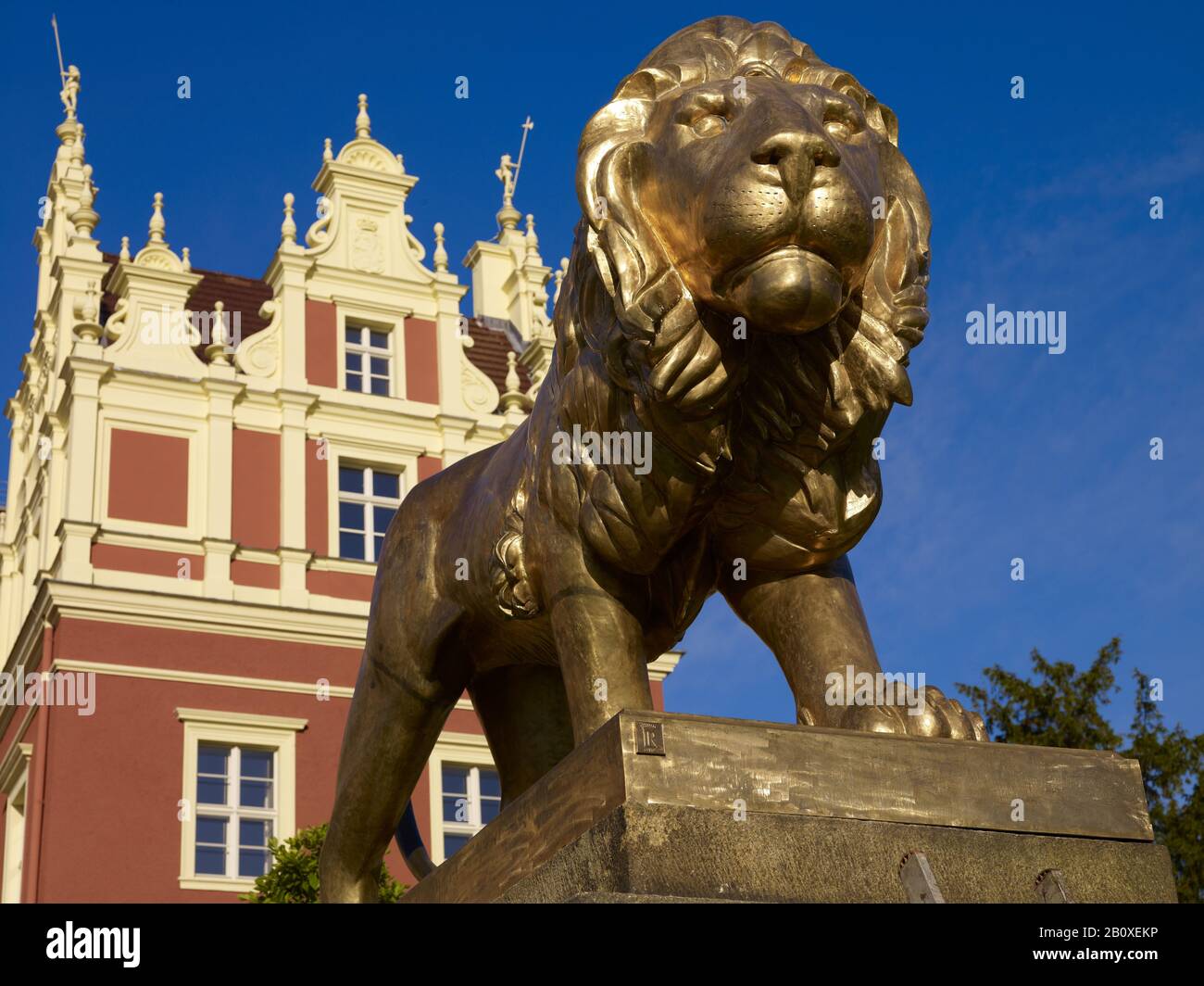 Lion vor dem neuen Schloss im Pücklerpark Bad Musau, Oberlausitz, Sachsen, Deutschland, Stockfoto