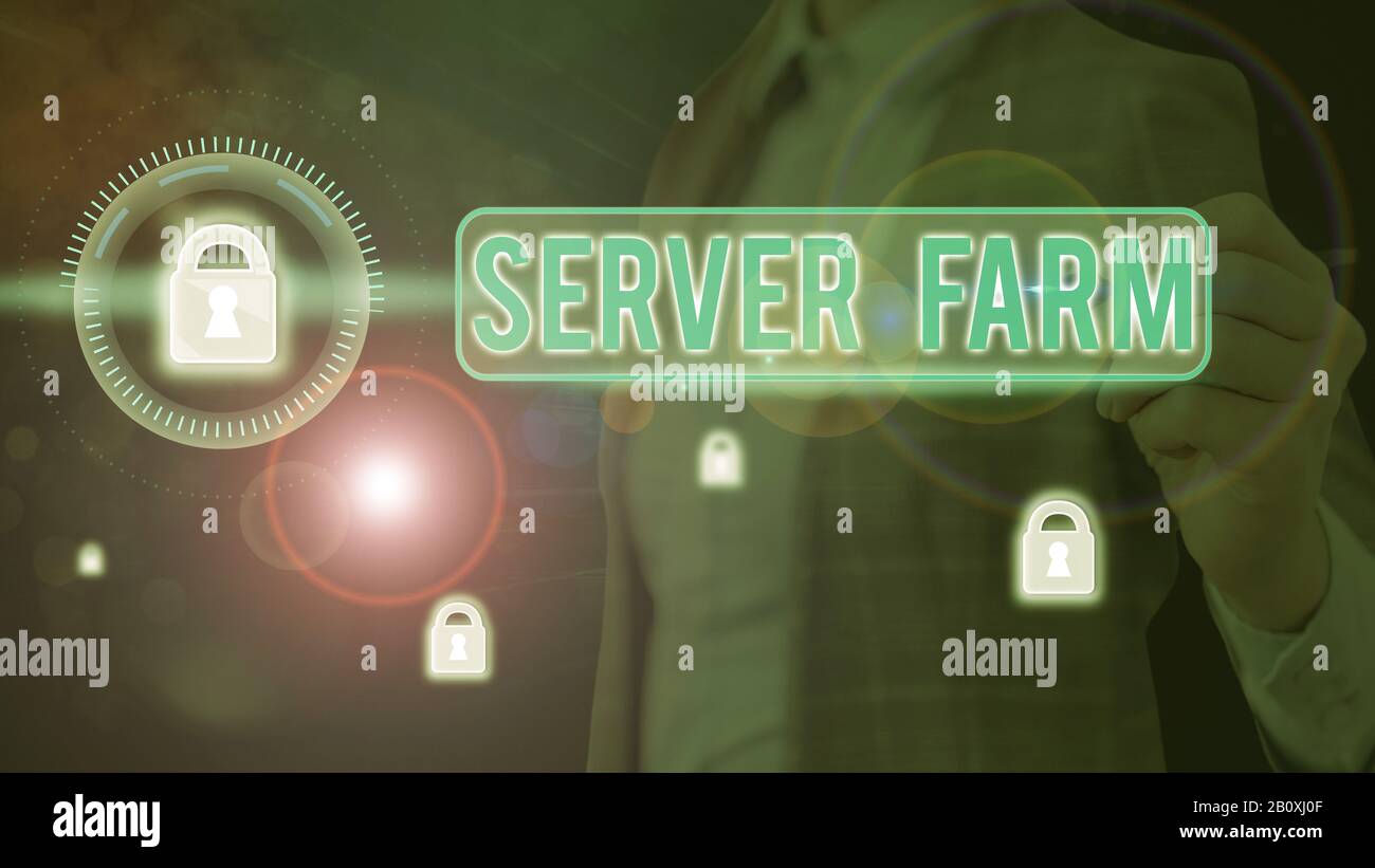 Wort schreiben Text Serverfarm. Business Foto präsentiert eine Gruppe von Computern, die als Server fungieren und gemeinsam untergebracht Stockfoto
