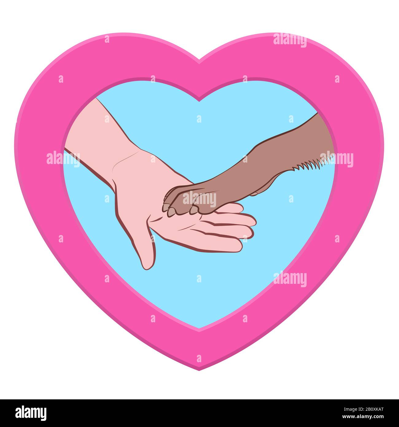 Hund gebärende Pfoten. Hunde Pfote und menschliche Hand. Abbildung mit dem Symbol für das pinkfarbene herzförmige Logo auf weißem Hintergrund. Stockfoto