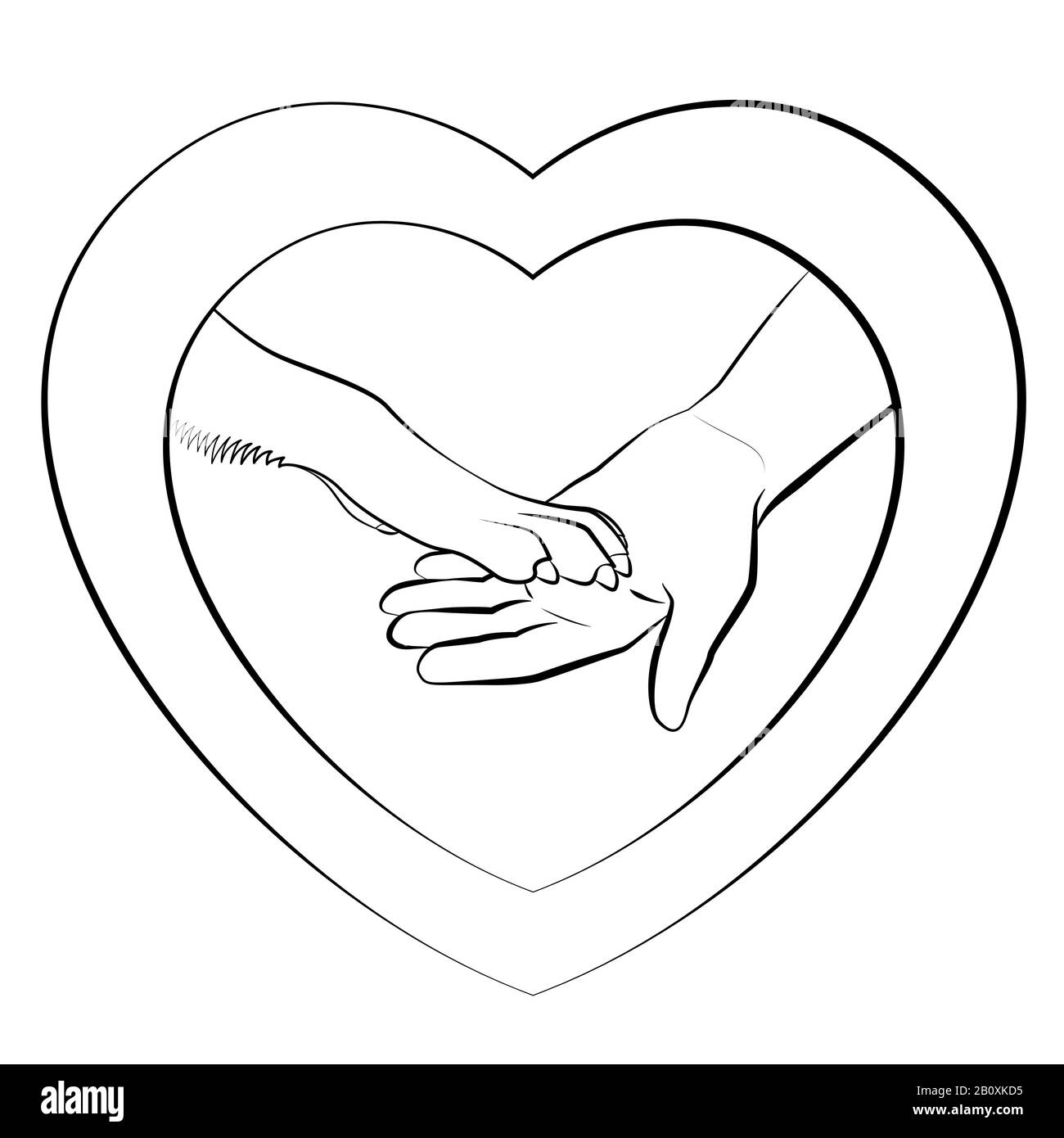Herzförmiges Logo mit Hunden Pfote und menschlicher Hand. Hund gebärende Pfoten. Umrisszeichnung auf weißem Hintergrund. Stockfoto