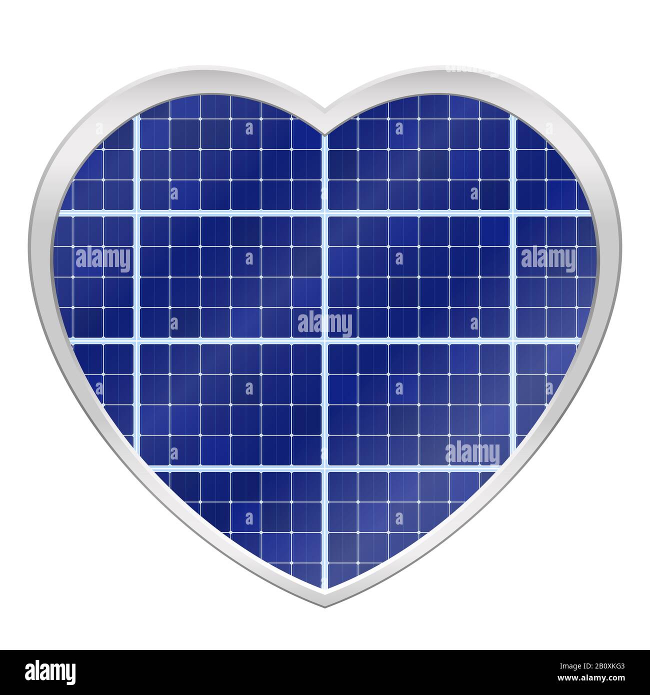 Kollektor für Solarplatten in einem herzförmigen Rahmen. Symbol für Fotovoltaikanlagen - Abbildung auf weißem Hintergrund. Stockfoto