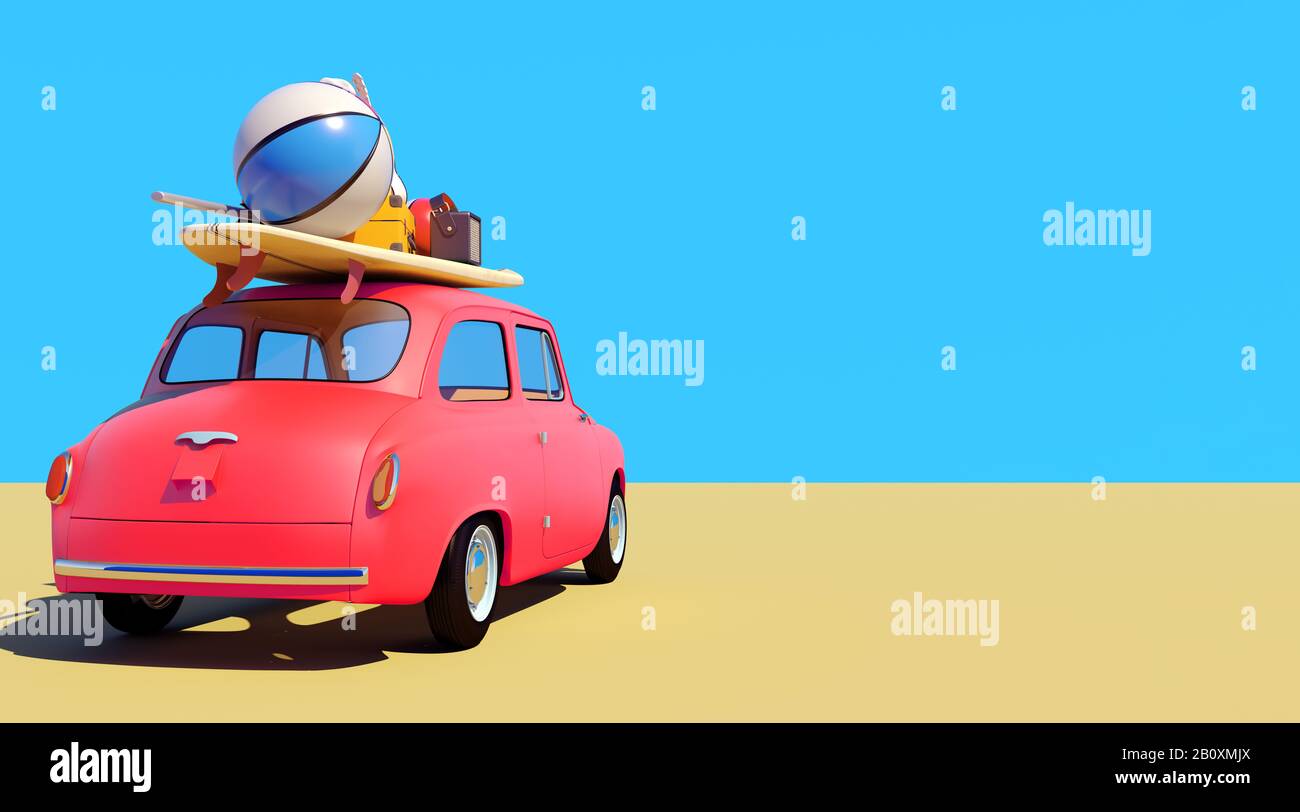Kleiner Retro-Wagen mit Gepäck, Gepäck und Strandausrüstung auf dem Dach, voll verpackt, bereit für Sommerferien, Cartoon-Konzept einer Straßenfahrt, blau B. Stockfoto