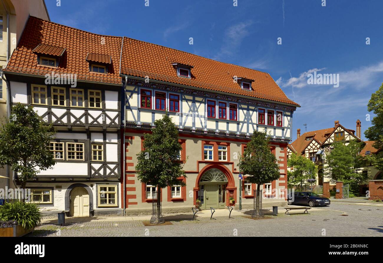 Fachwerkhäuser und Nationalpark Hainich in der Altstadt, Bad Langensalza, Thüringen, Deutschland, Stockfoto