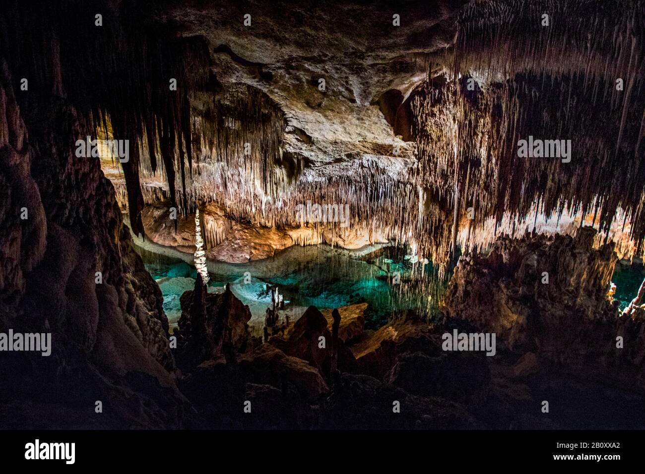 Höhlenkove del Drac, Höhlen von Drach und unterirdischer See, Spanien, Balearen, Mallorca, Porto Christo Stockfoto