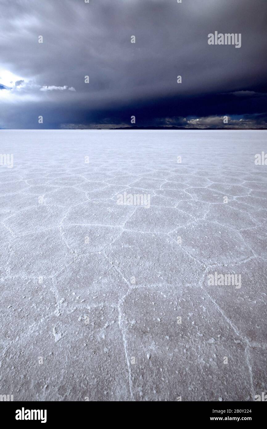 Potosi, Bolivien. Februar 2020. Der bolivianische Salar de Uyuni ist mit 10.582 Quadratkilometer (4.086 sq mi) die größte Salzwohnung der Welt und eine der touristischen Attraktionen der Spitze. Es liegt in der Provinz PotosÃ- im Südwesten Boliviens, in der Nähe des Scheitels der Anden auf einer Höhe von 3.656 Metern (11.995 Fuß) über dem Meeresspiegel.Die Kruste dient als Quelle von Salz und bedeckt einen Sole, der außergewöhnlich reich an Lithium ist. Sie enthält ca. 50 % bis 70 % der weltweit bekannten Lithium-Reserven. Die Lithium-Extraktion in den 1980er und 1990er Jahren durch ausländische Unternehmen traf jedoch stark o Stockfoto