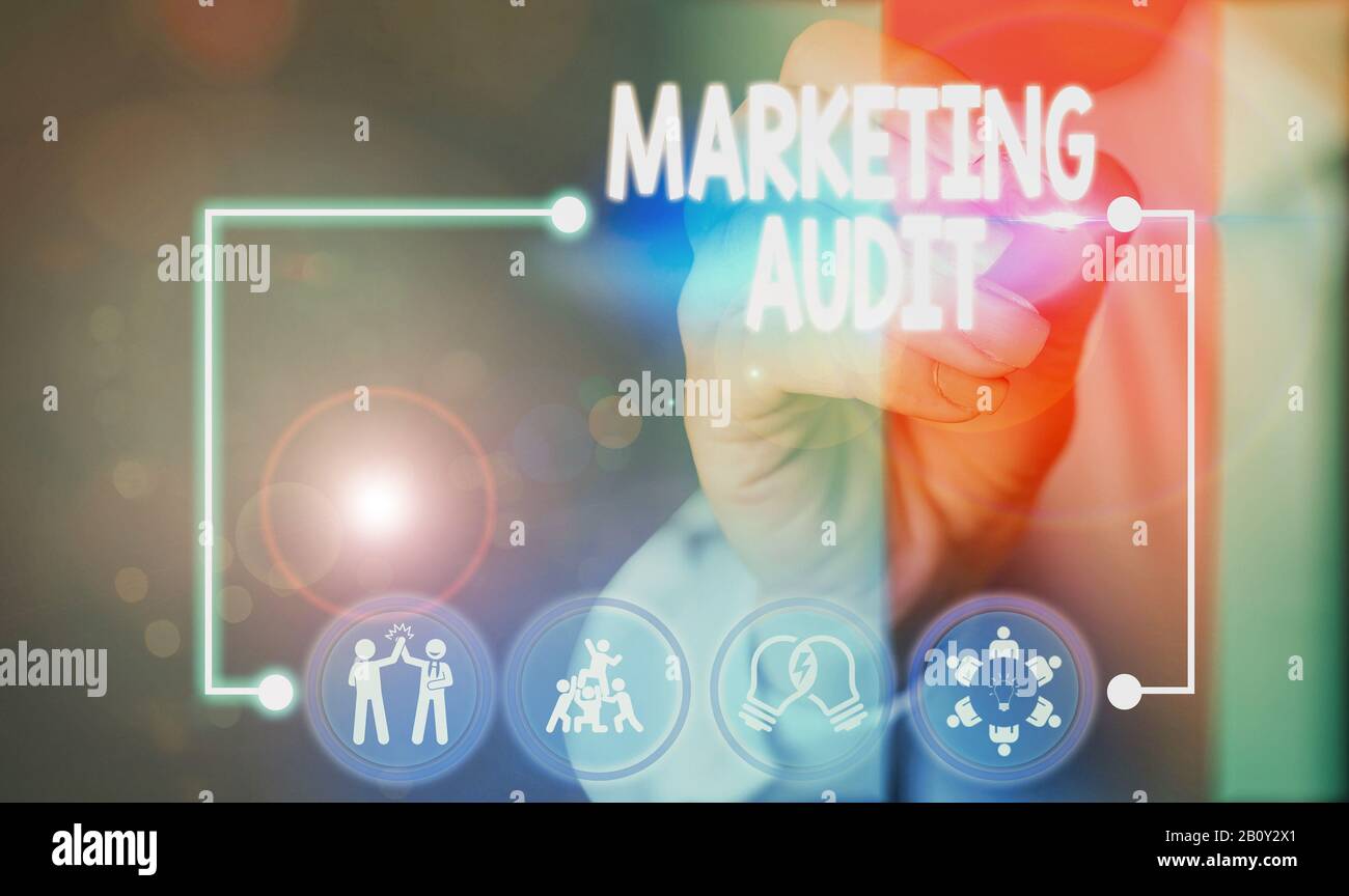 Textzeichen mit Marketing-Audit. Geschäftliche Fototexte Untersuchung und Analyse der Marketingaktivitäten Stockfoto