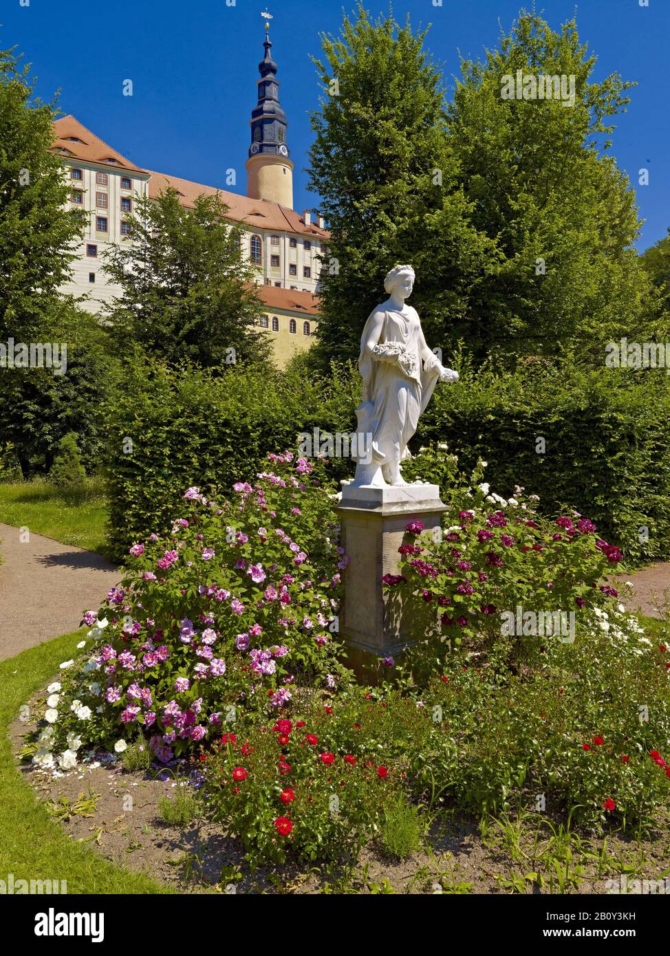Schloss Weesenstein mit Garten und Flora im Müglitztal, Sachsen, Deutschland, Stockfoto