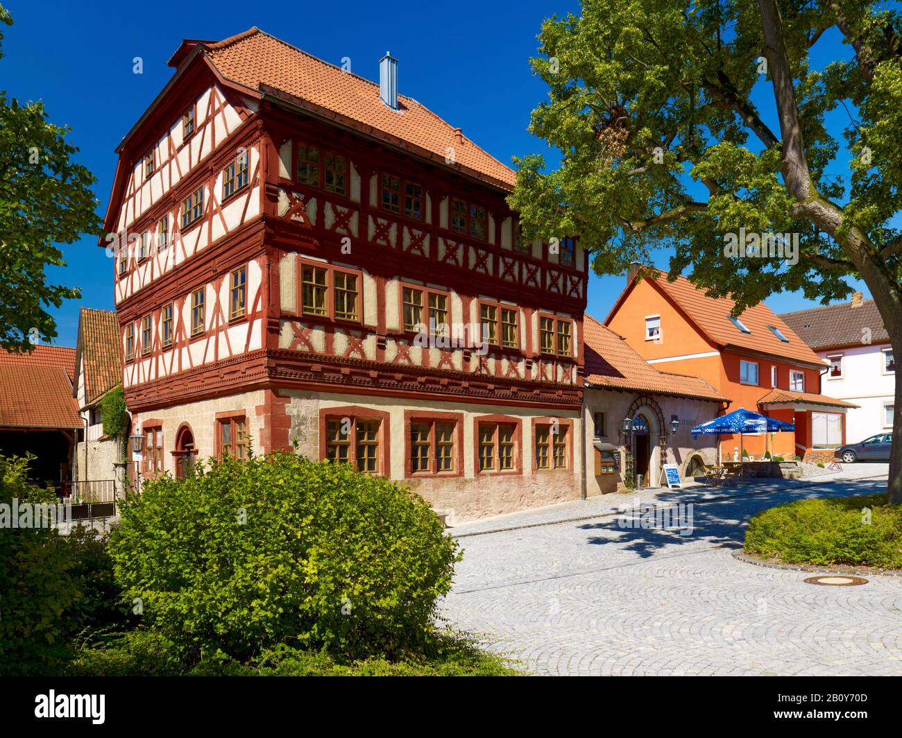Rathaus mit Centstuben in Stockheim, Rhön-Grabfeld, Unterfranken, Bayern, Deutschland, Stockfoto