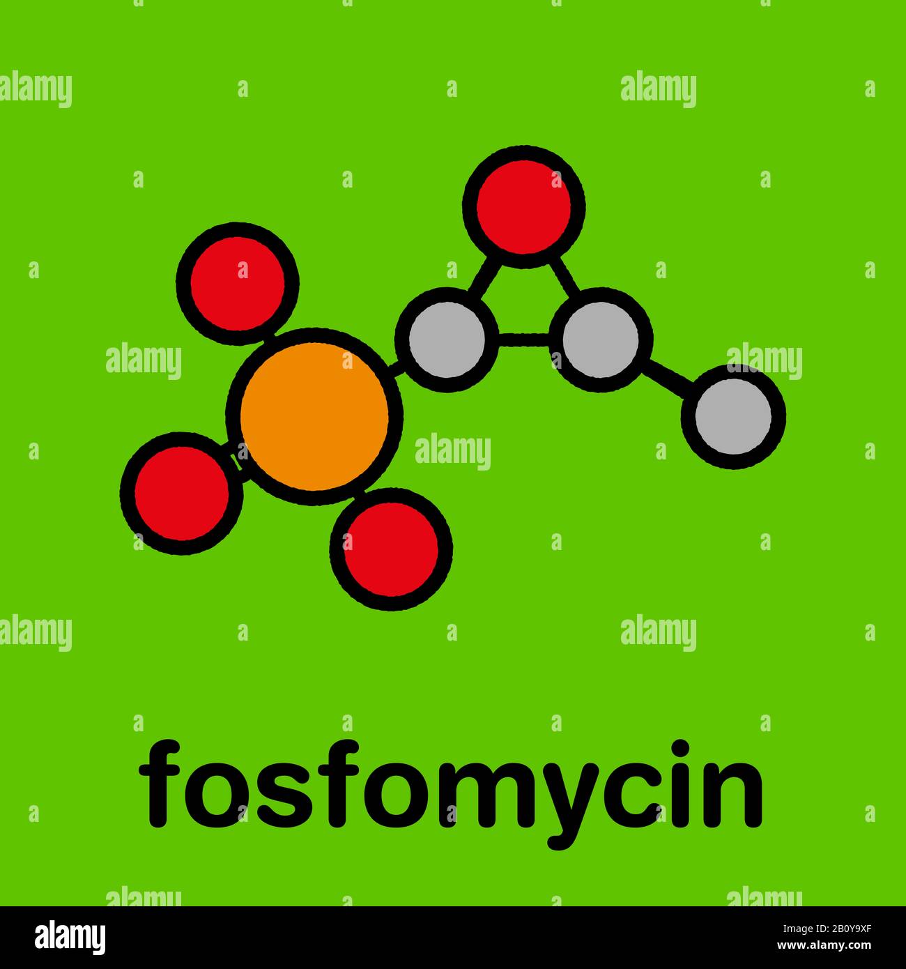 Fosfomycin. Molekülmodell Ausgedehntspektrum Antibiotika Fosfomycin (C3.  H7. O4. (P), auch bekannt als Phosphomycin. Dieses Medikament wird bei der  Behandlung von Infektionen der Harnwege verwendet. Atome als Kugeln  dargestellt werden und sind farblich