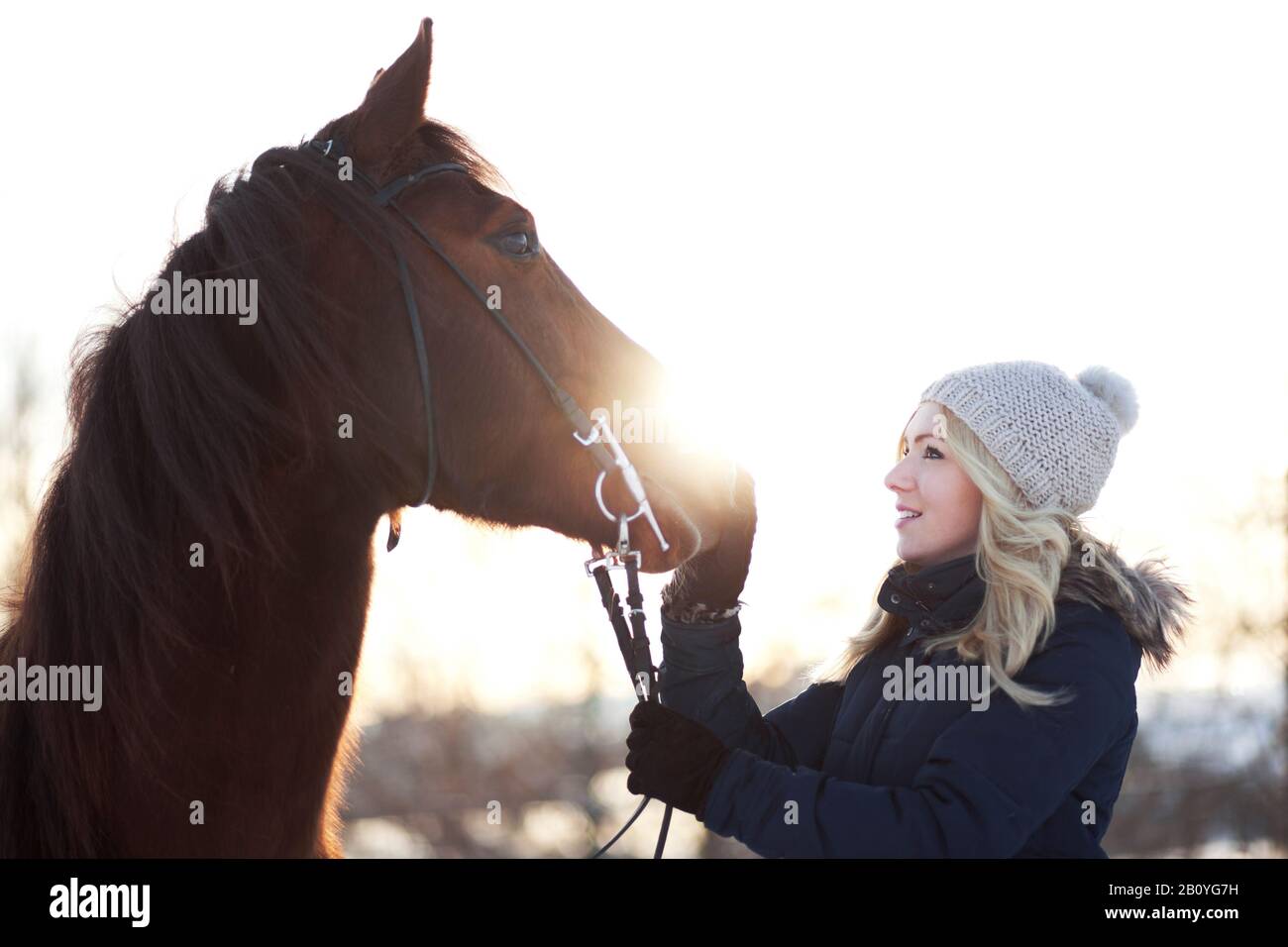 Junge Frau mit Pferd im Winter, Stockfoto