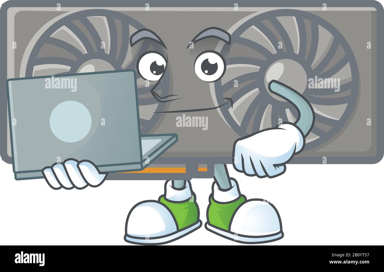 Ein Smart Gaming-VGA-Kartenmaskottensymbol, das mit einem Laptop funktioniert Stock Vektor