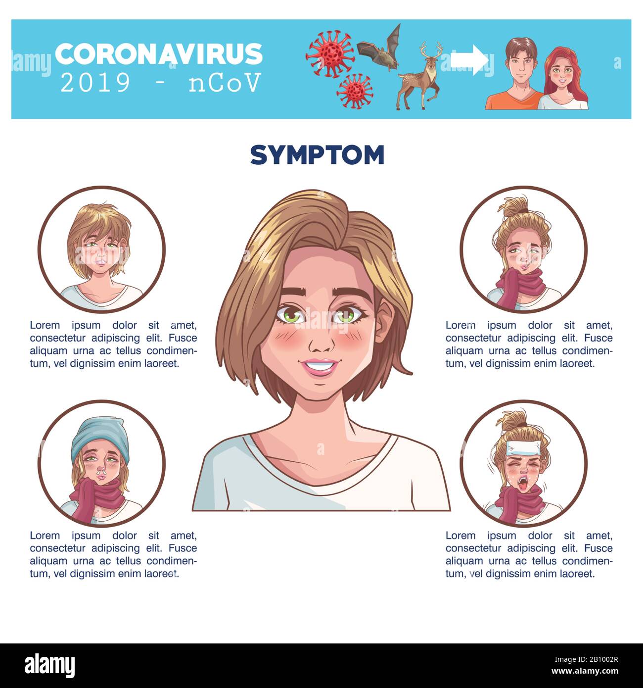 Infografik zu Coronavirus mit Symptomen, Frauen-Charakter Stock Vektor