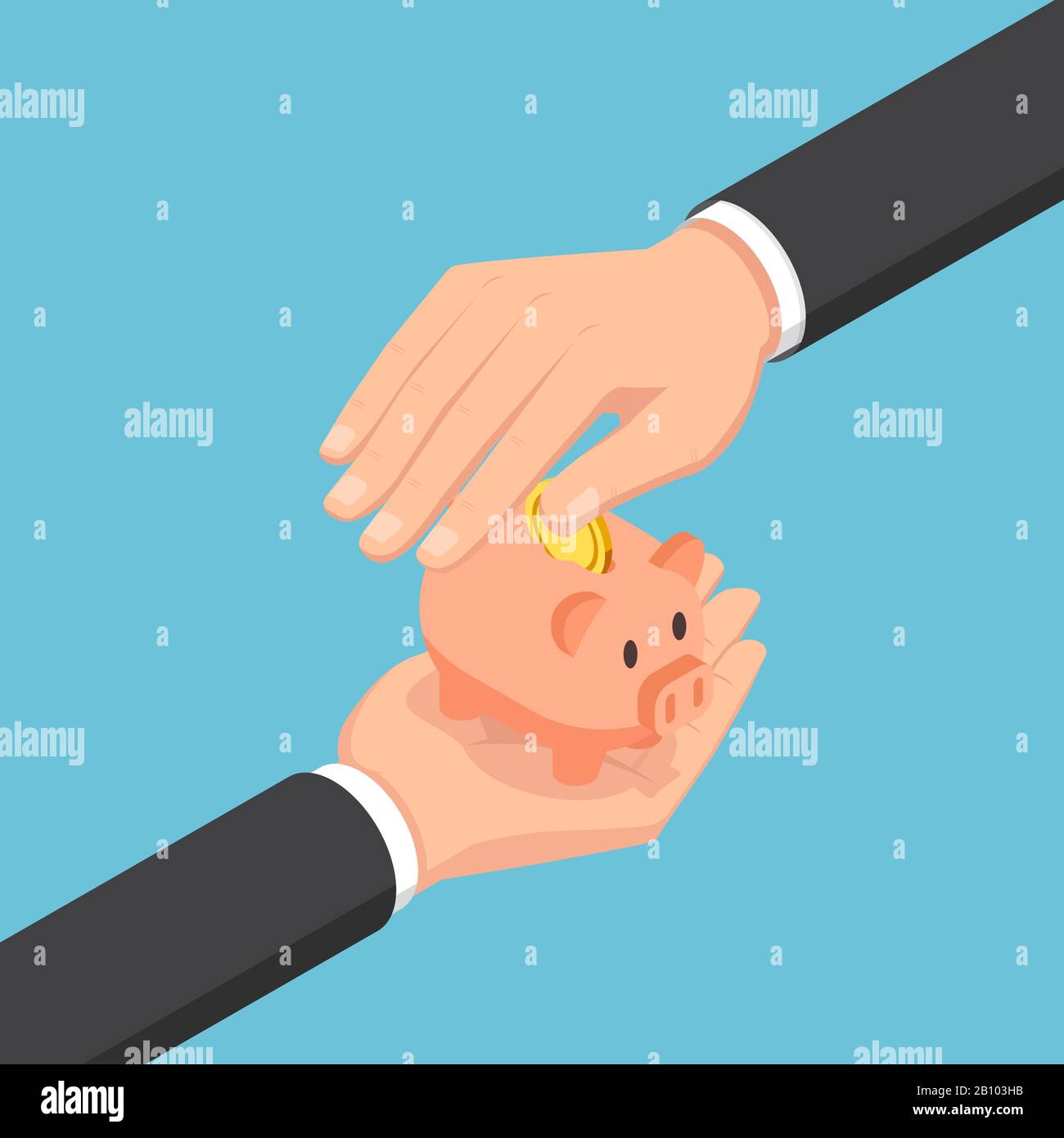 Flaches, isometrisches 3-D-Blatt für Geschäftsleute zum Schutz der Schweinebank. Sparkonzept und Schutz des Geldes. Stock Vektor