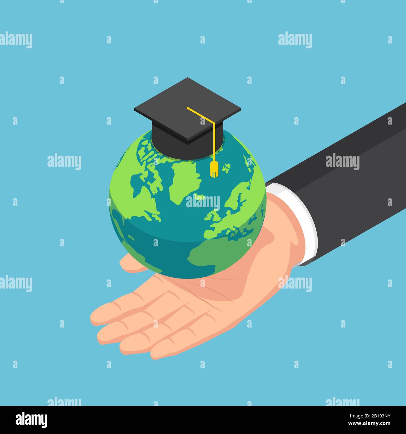 Flaches, isometrisches 3-D-Geschäftshänd, das die Welt mit Abschlusskappe hält. Internationales Konzept für die globale Bildung. Stock Vektor