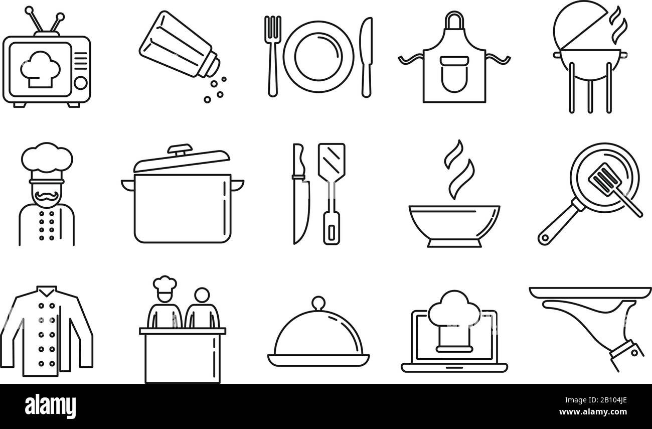 Kochen zeigt Backwaren Symbole eingestellt. Outline-Set mit Backwaren zeigen Vektorsymbole für Web-Design isoliert auf weißem Hintergrund Stock Vektor