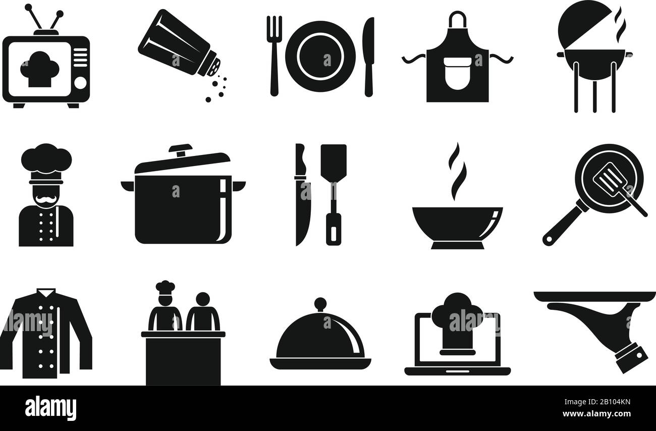 Koch-Show-Symbole eingestellt. Einfache Koch-Sets zeigen Vektorsymbole für Webdesign auf weißem Hintergrund an Stock Vektor