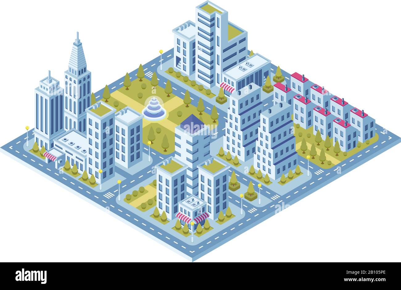 Moderne Stadtgebäude, Polizeistation, Straße mit Autos und Supermarktgebäude. Stadtwohnungen Vector 3d isometrisches Set Stock Vektor