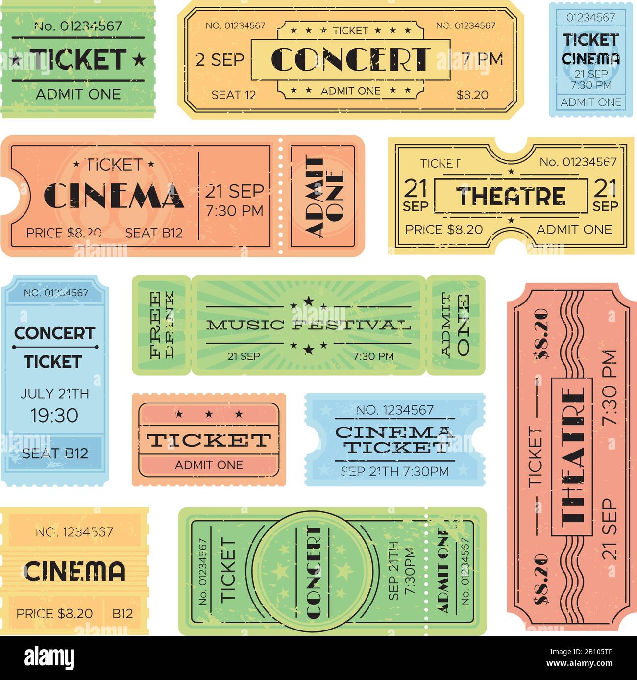 Vintage-Kino, Musikfestkarte, Zugticket. Isolierte Eintrittskarten für Unterhaltungskarten Stock Vektor